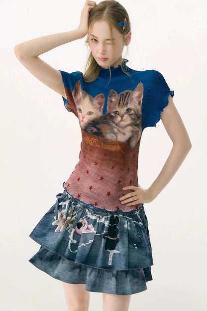 Color-Blocked Cat Print Pleated T-Shirt
