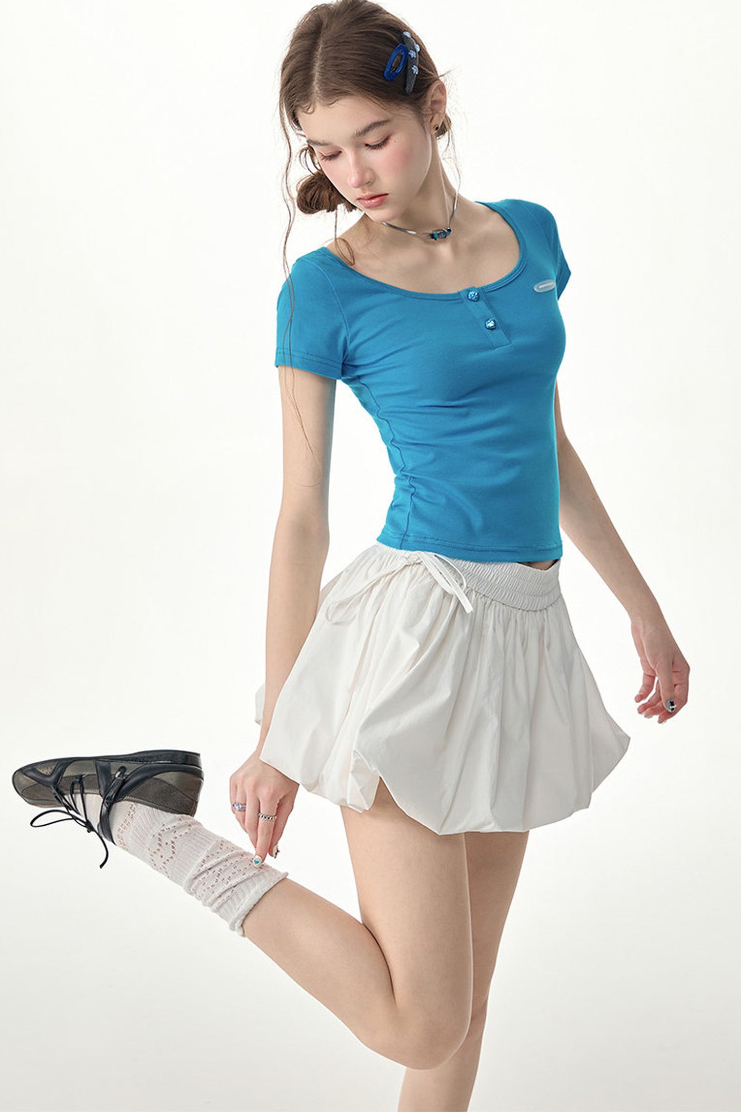 Sea Salt Blue U-Neck Slim Fit Top