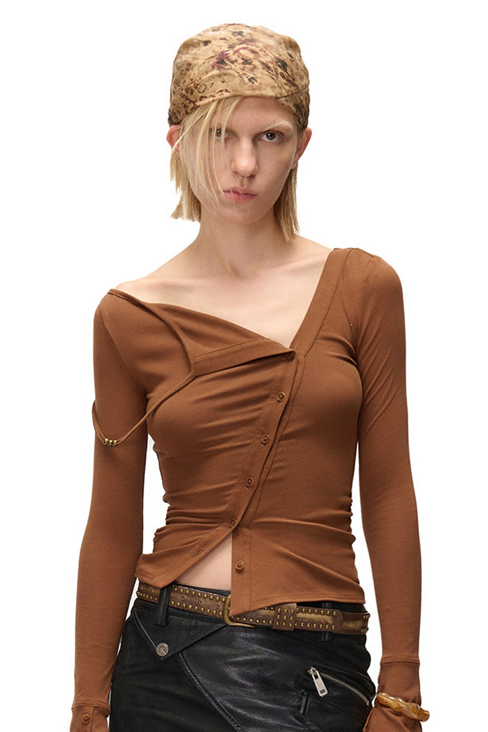 High-Elastic Diagonal Placket Long-Sleeve T-Shirt