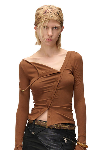 High-Elastic Diagonal Placket Long-Sleeve T-Shirt