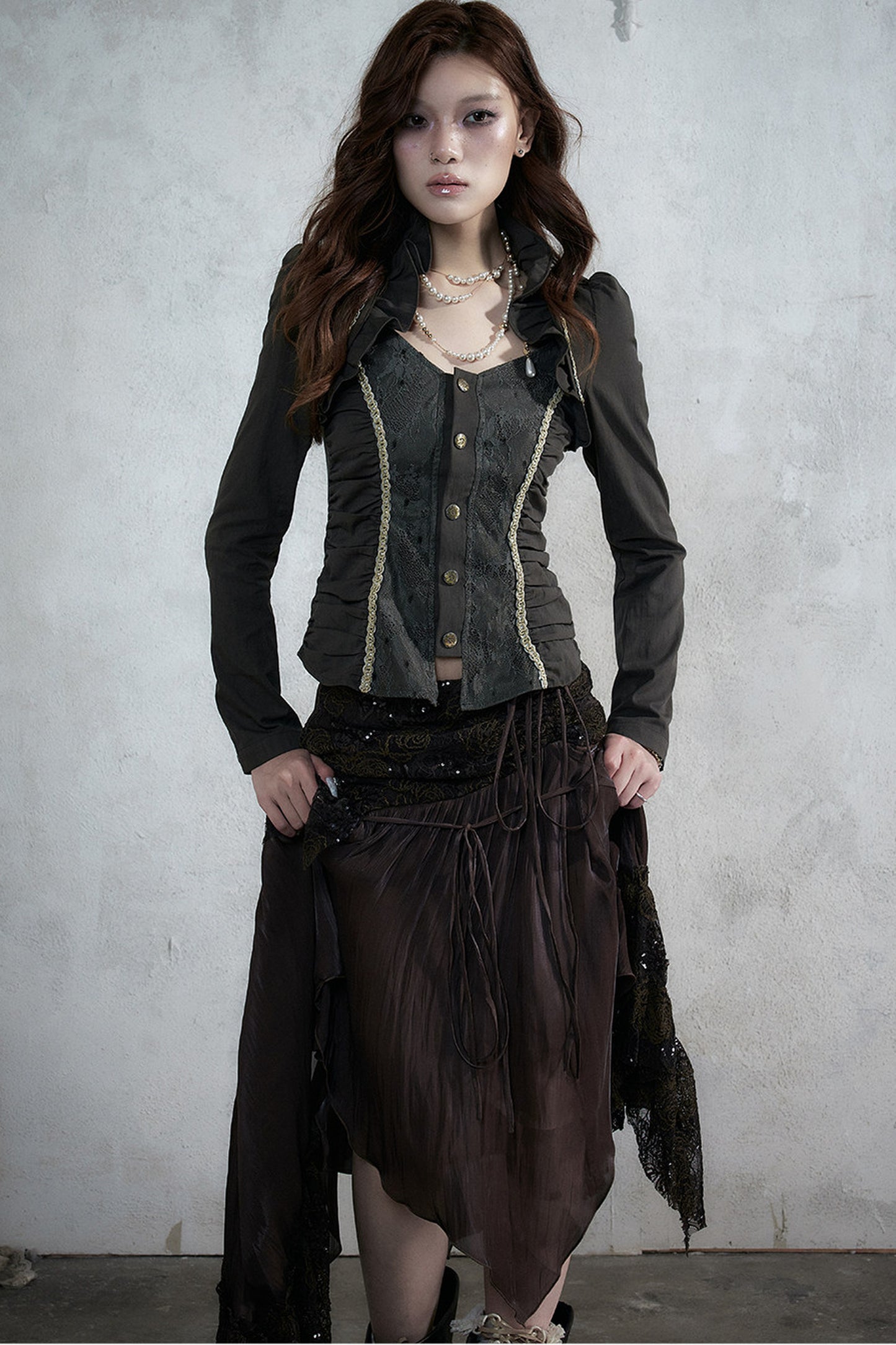 Lace Patchwork Ruched Layered-Look Shirt