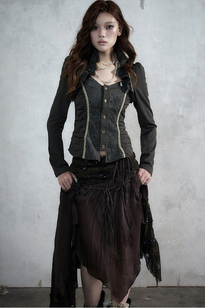 Lace Patchwork Ruched Layered-Look Shirt