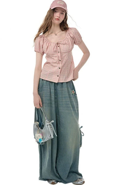 Pink Plaid Puff Sleeve Top