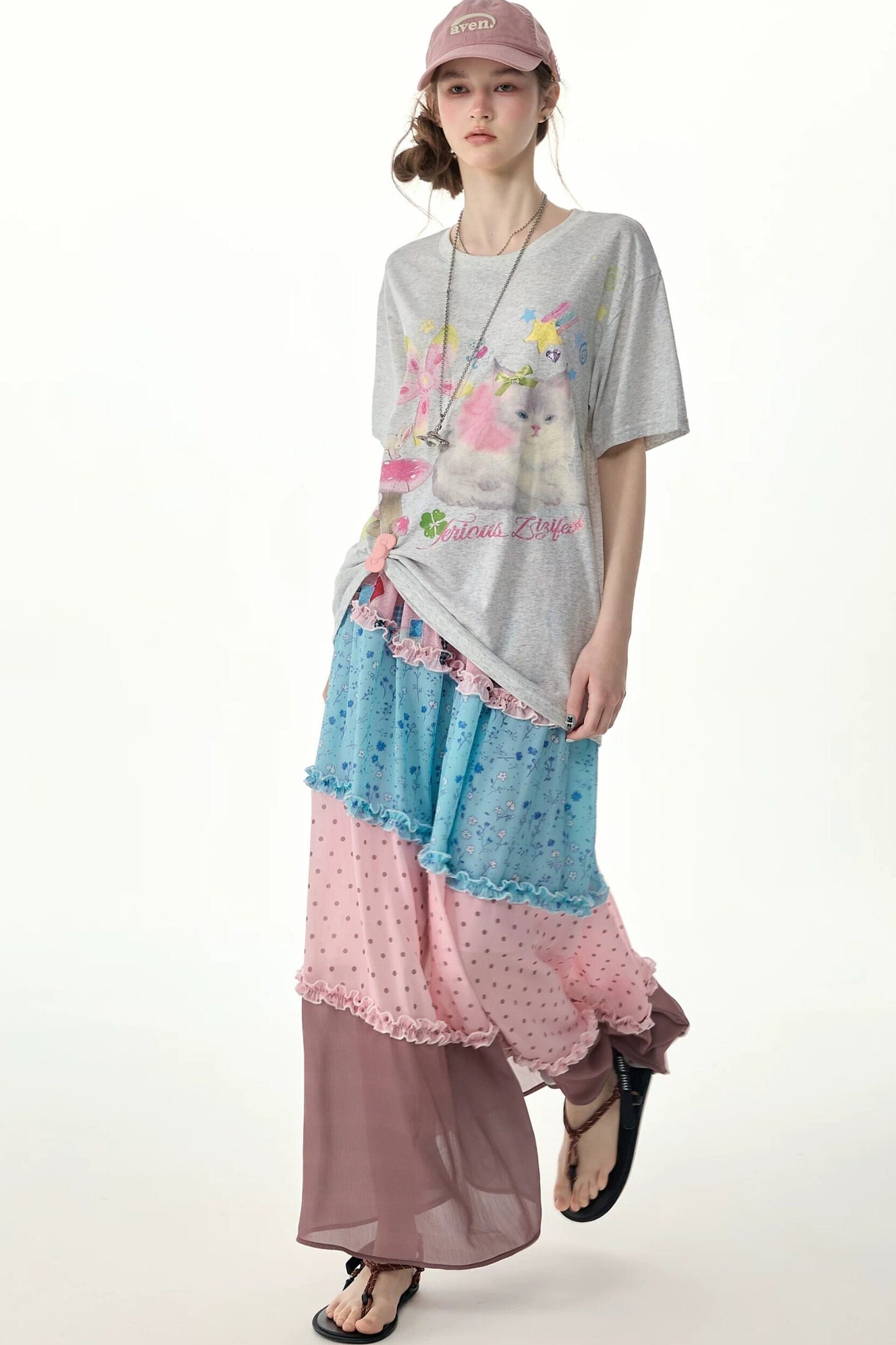 Pink Floral Polka Dot Tiered Maxi Skirt