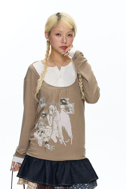 Brown Layered-Look Long Sleeve T-Shirt