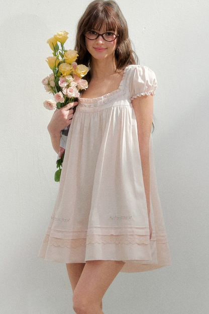Square Neck Lace Embroidery Dress
