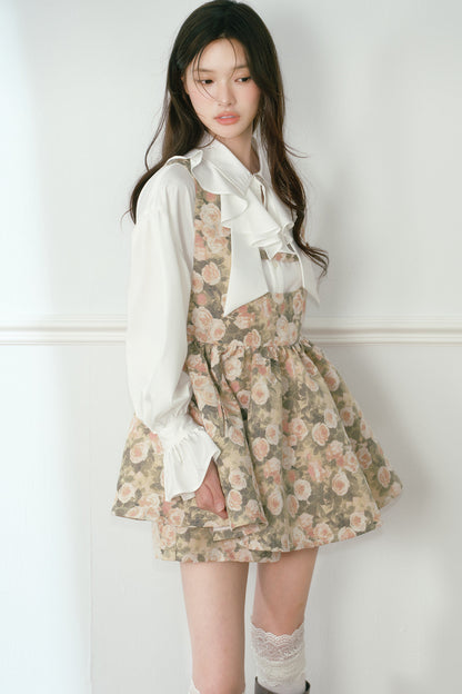 Floral Jacquard Vest Dress and White Ruffled Shirt Set-Up