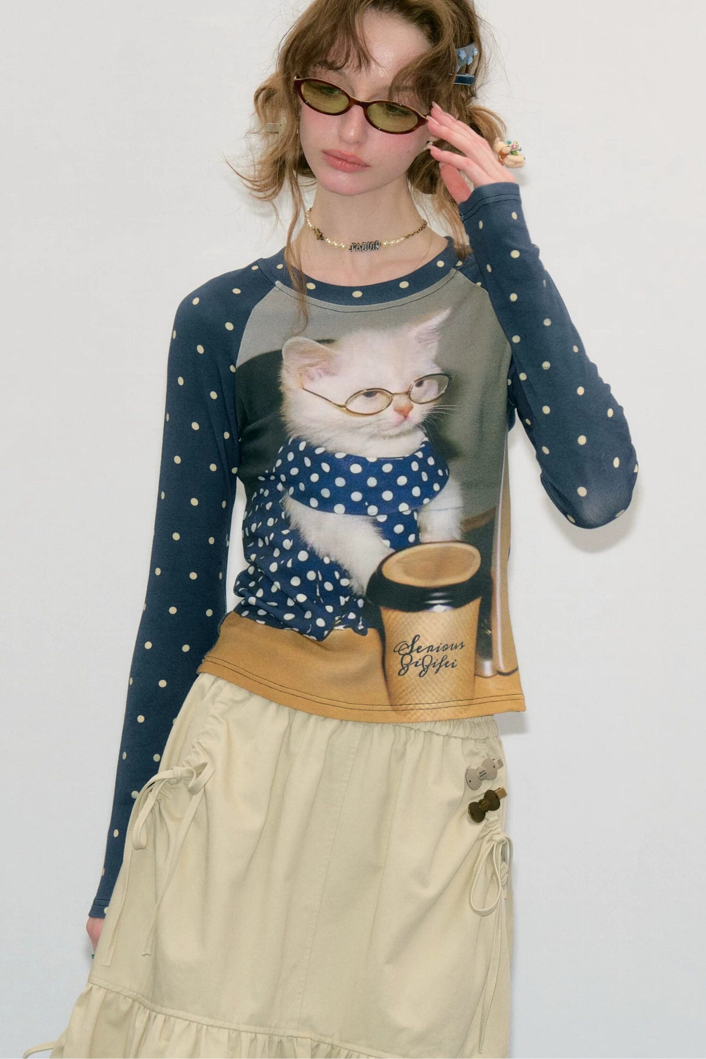 Tee-shirt raglan à imprimé chat et pois