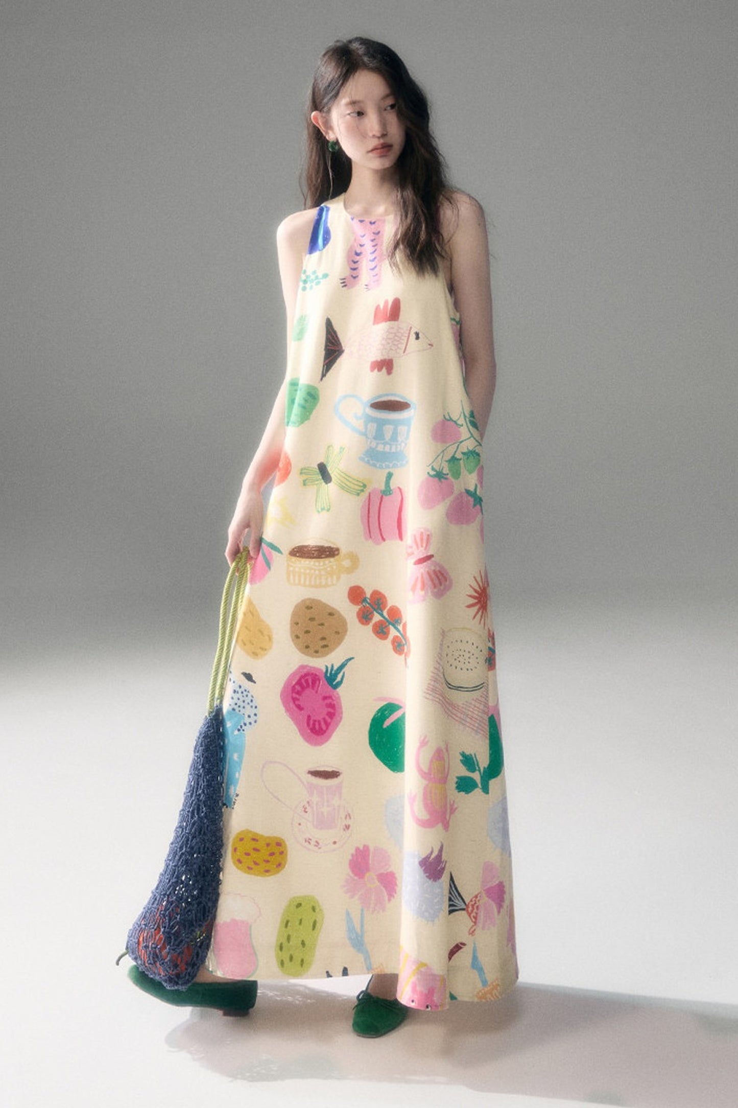 Hand-Painted Fruit Vegetable Print Sleeveless Vest Dress