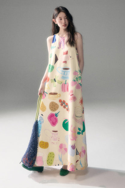 Hand-Painted Fruit Vegetable Print Sleeveless Vest Dress