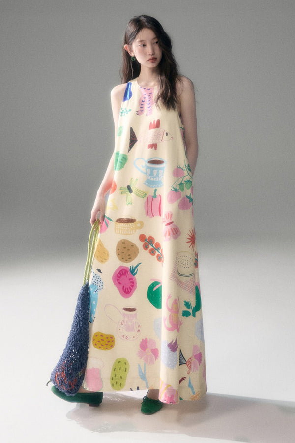 Hand-Painted Fruit Vegetable Print Sleeveless Vest Dress