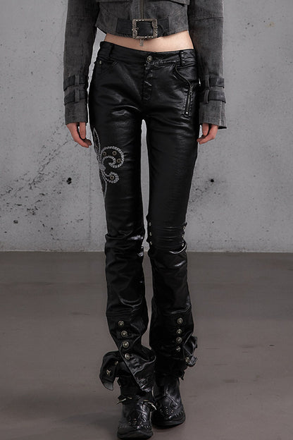 Punk Rock Embroidered Waxed Leather Pants