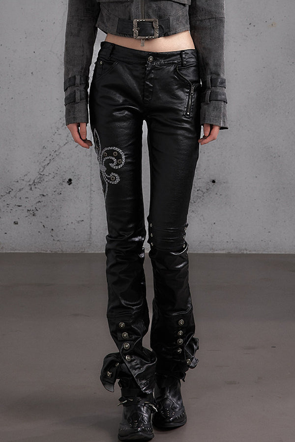 Punk Rock Embroidered Waxed Leather Pants