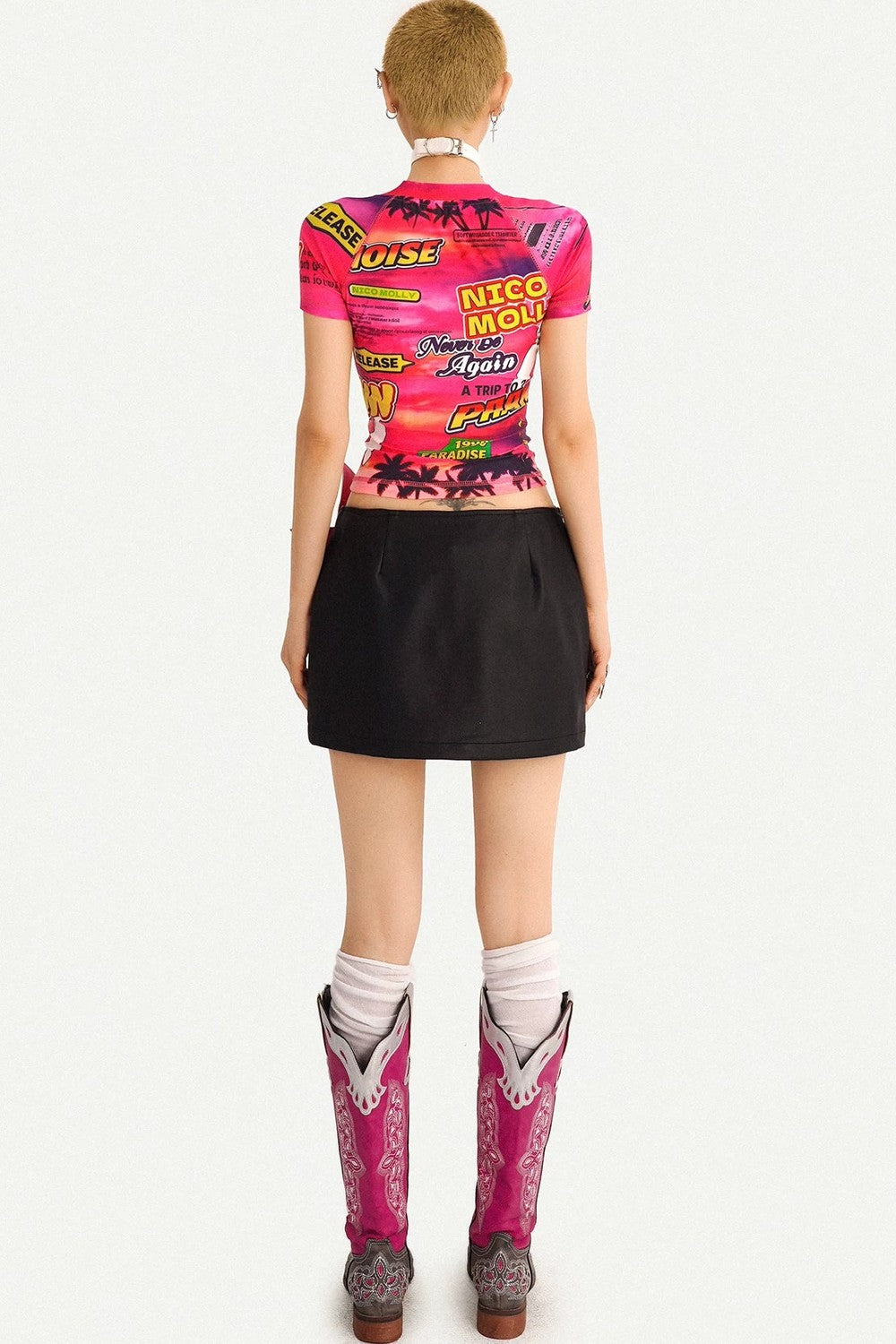 Cartoon Print Leather Skirt
