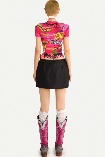 Cartoon Print Leather Skirt