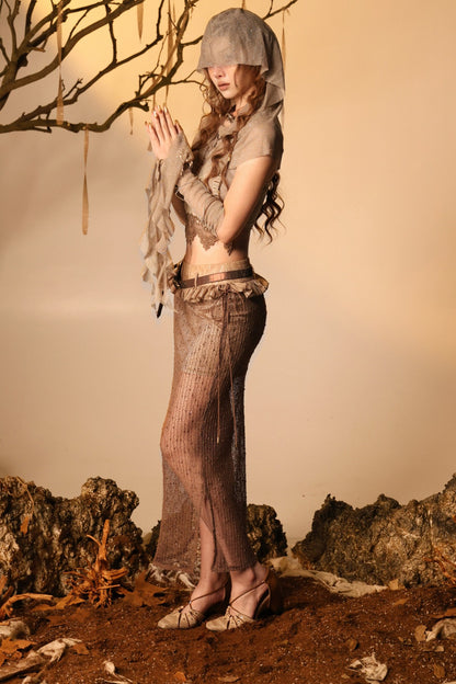 Wasteland Style Lace Camisole Hood Cape Sleeve Set-Up