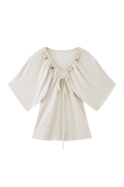 Beaded V Neck Batwing Blouse
