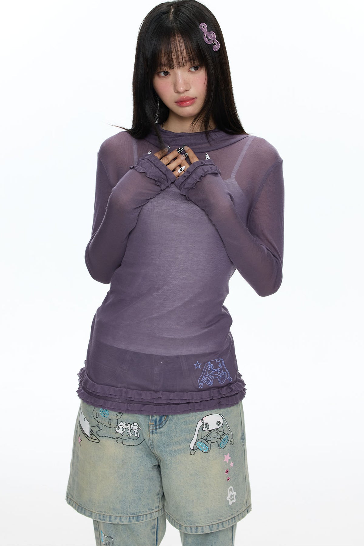 Sheer High Neck Ruffle Hem Top