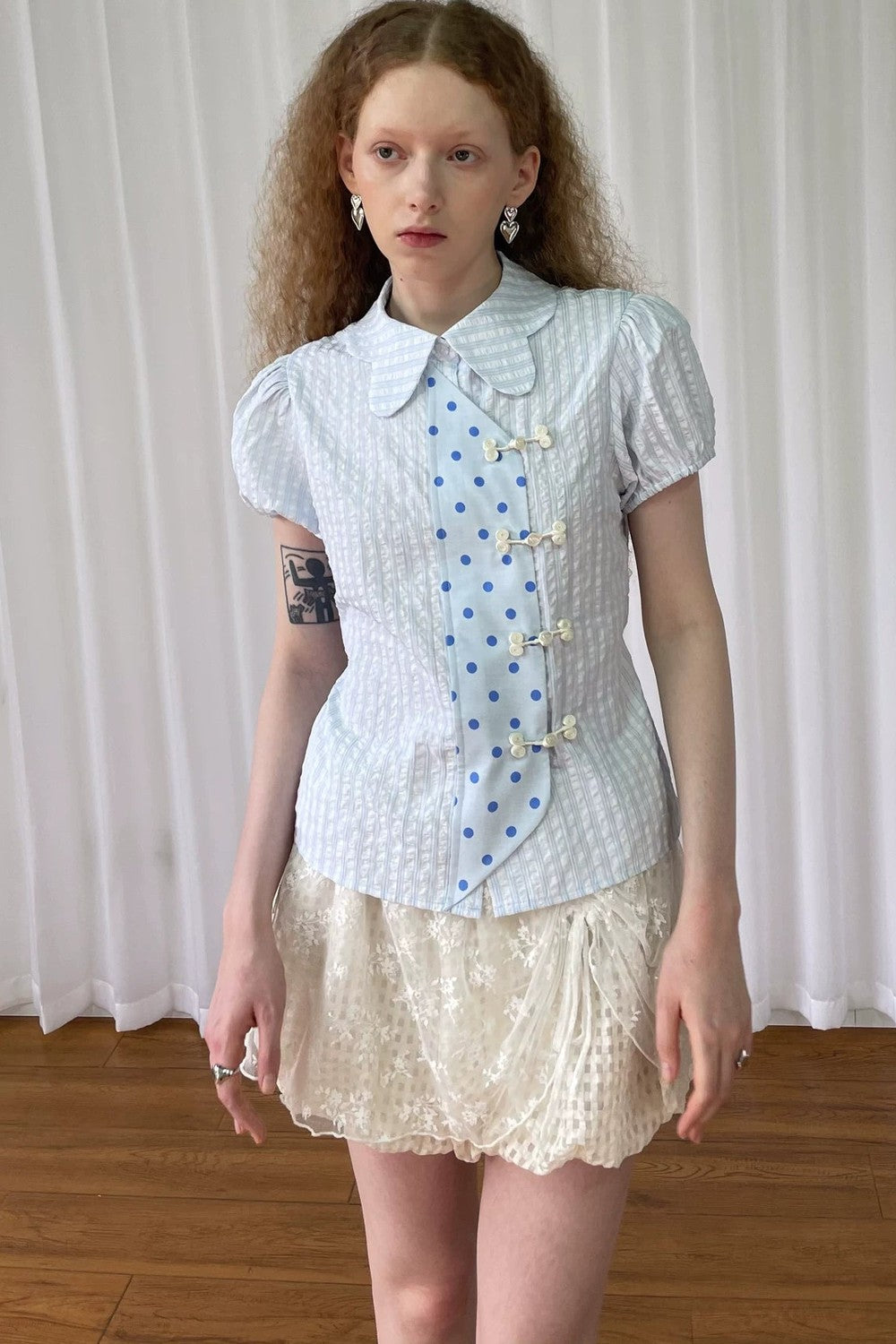 Blue Plaid Polka Dot Puff Sleeve Blouse