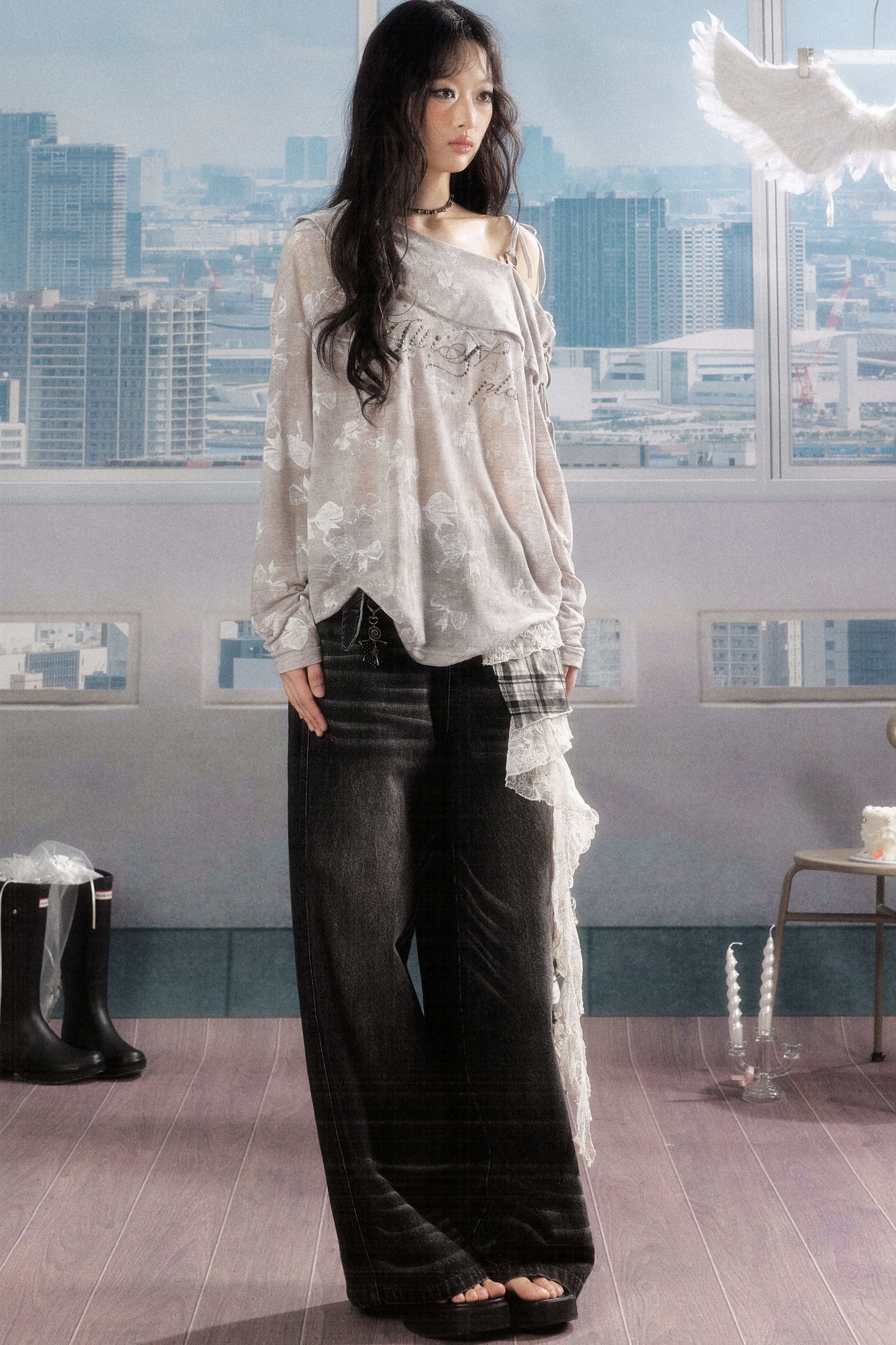 Karierte Wide-Leg-Jeans im Lagenlook