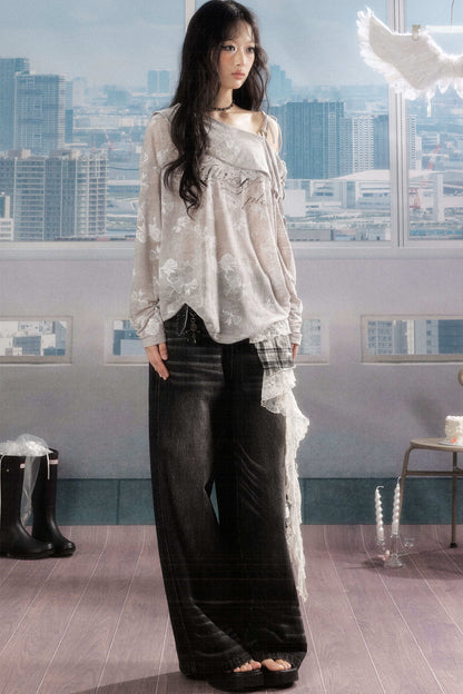 Karierte Wide-Leg-Jeans im Lagenlook
