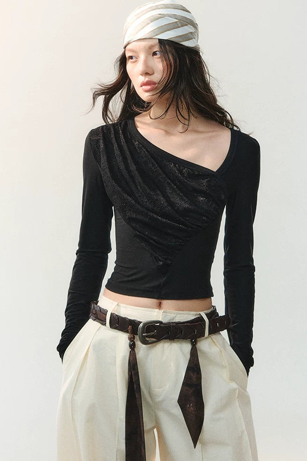 Ink Pleated Lace Asymmetrical T-Shirt