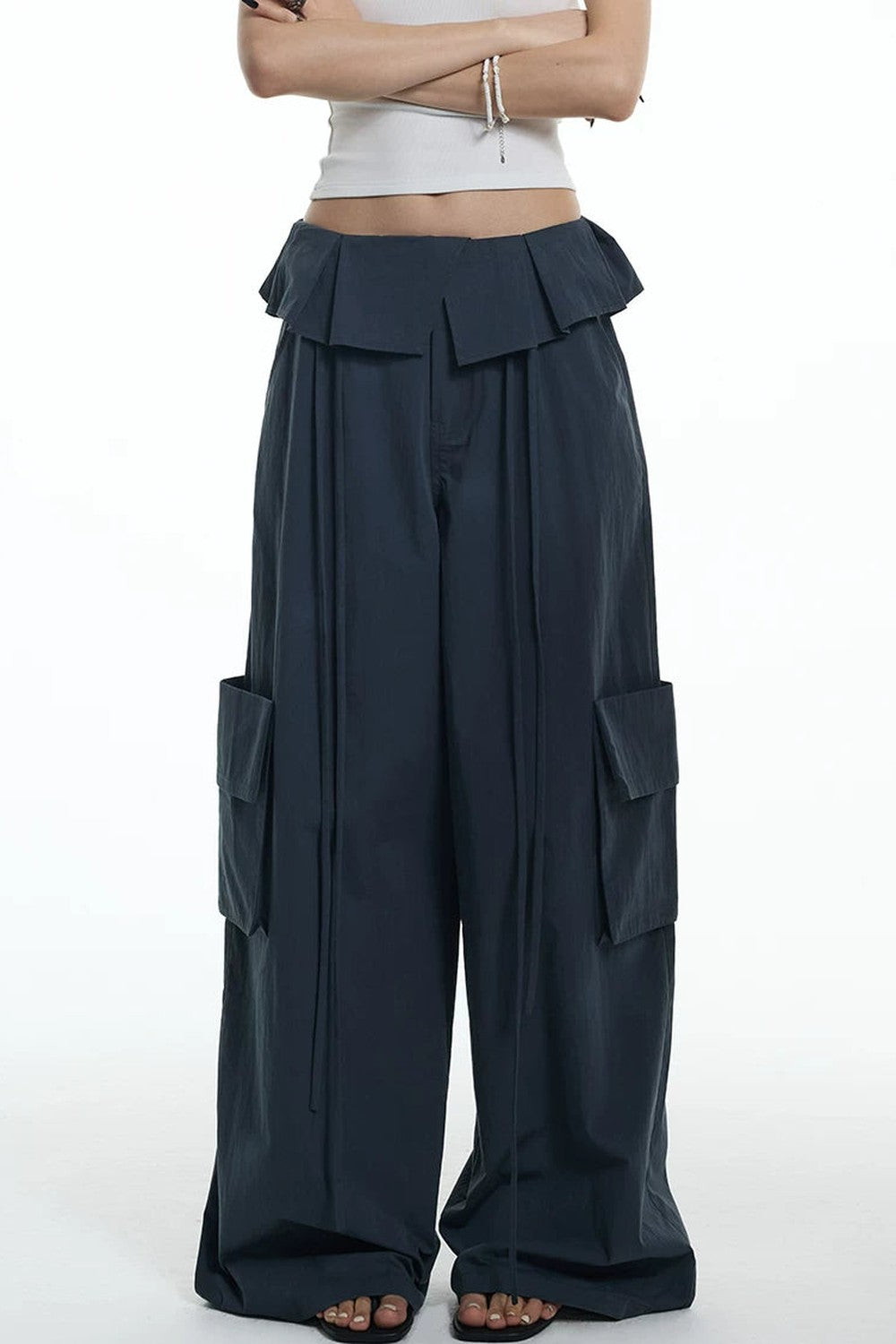 Ruffled Glacier Blue Wide-Leg Pants
