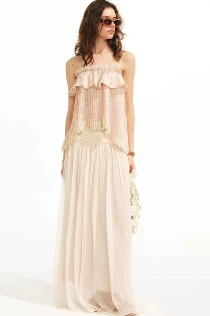 Retro Pleated Lace Pearl Skirt Set-Up