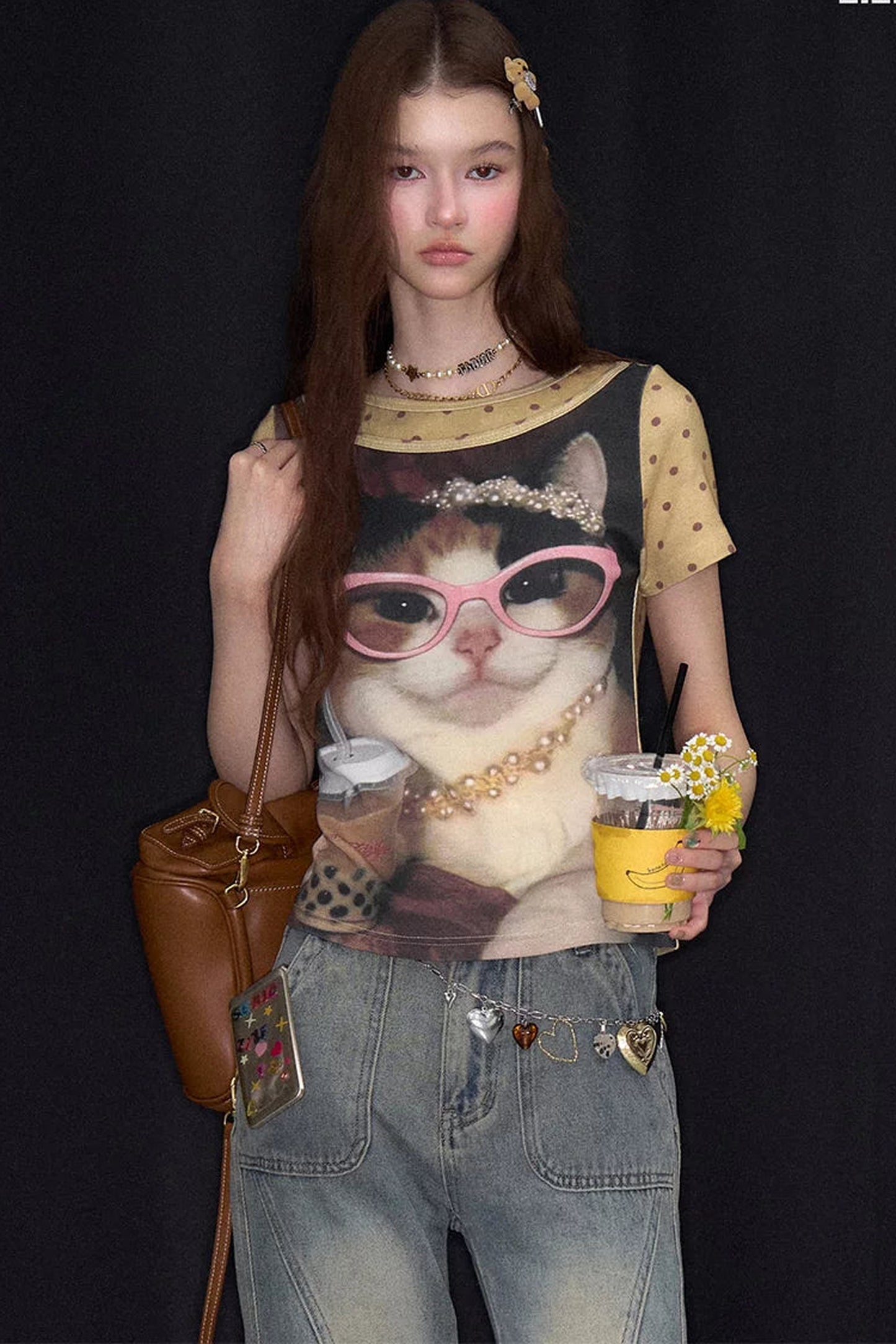 Retro Distressed Cat Print Yellow T-Shirt