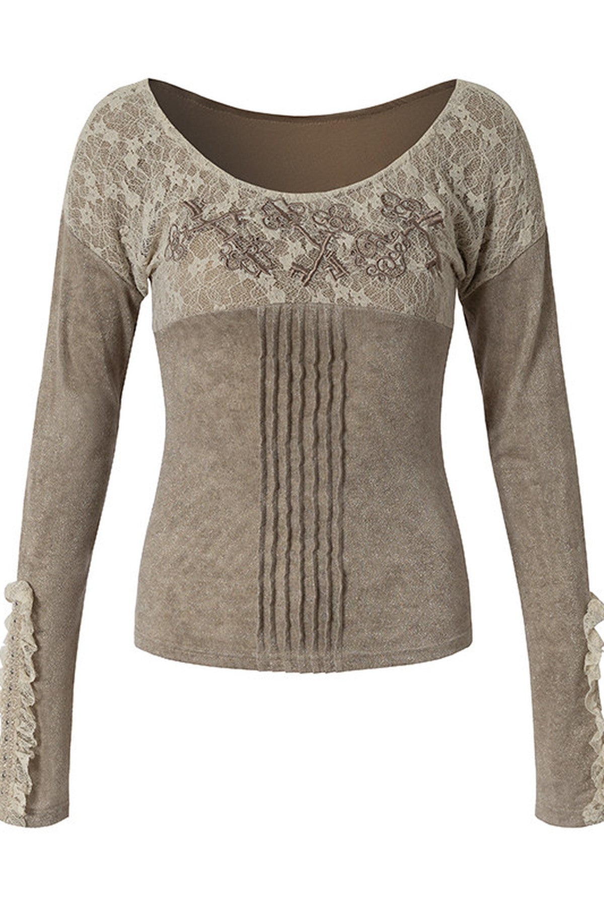 蕾絲拼接刺繡Long sleeve針織上衣