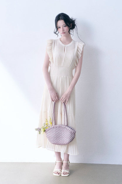 Beige Pleated Ruched Waist Dress