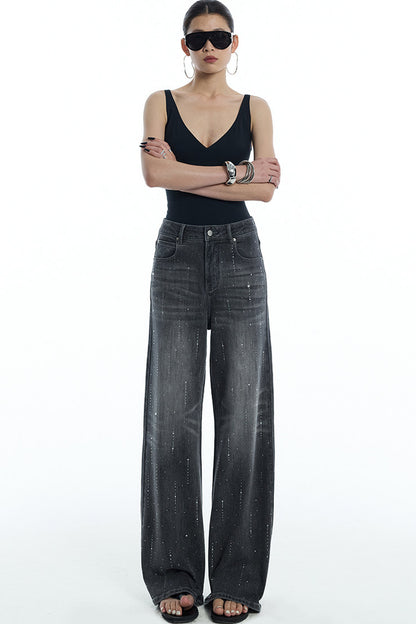 Scattered Rhinestone Wide-Leg Jeans