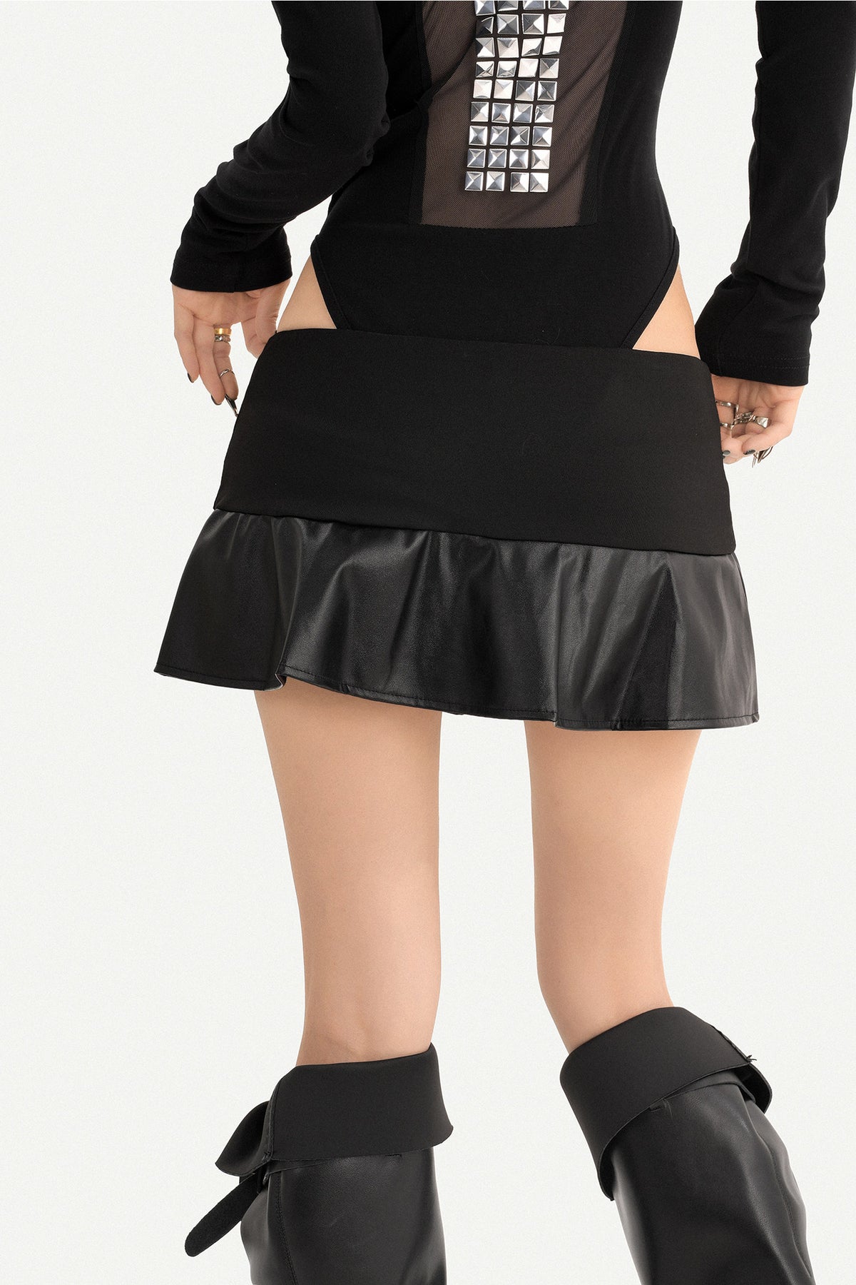 Studded Leather Pleated Mini Skirt