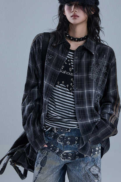 Long-Sleeved Striped Patchwork Plaid Shirt