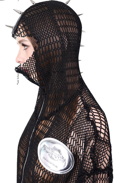 Rivet Hooded Mesh Patch Embroidery Jacket