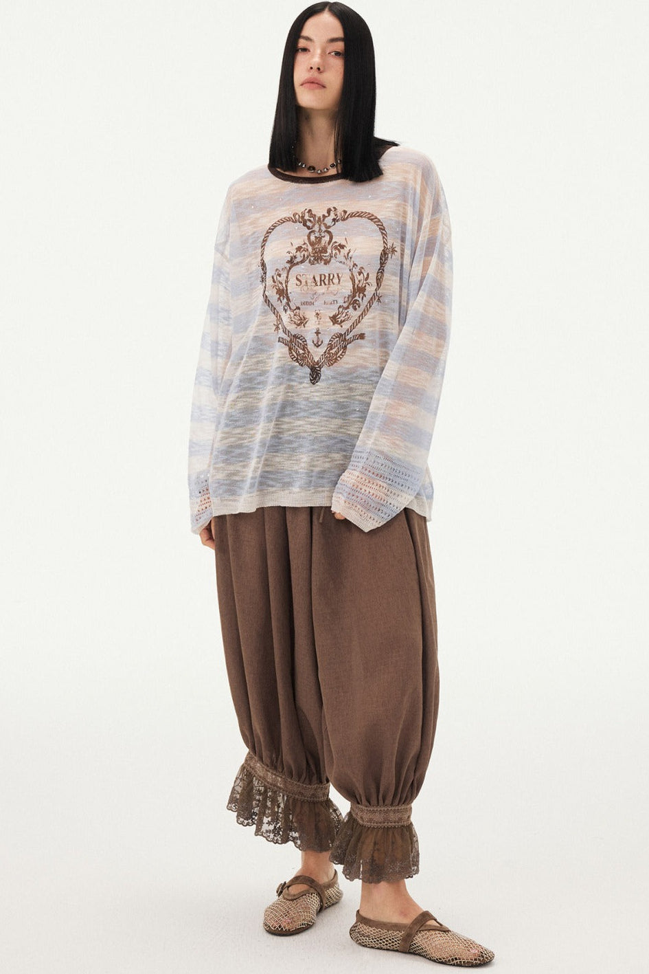 Knotted Heart Striped Knit Blouse