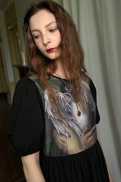 Tempera Oil Painting Print Short-Sleeved Dress