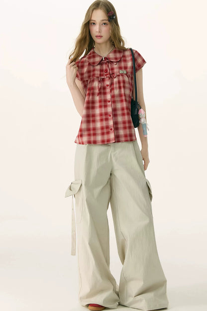 Red Plaid Doll Collar Blouse