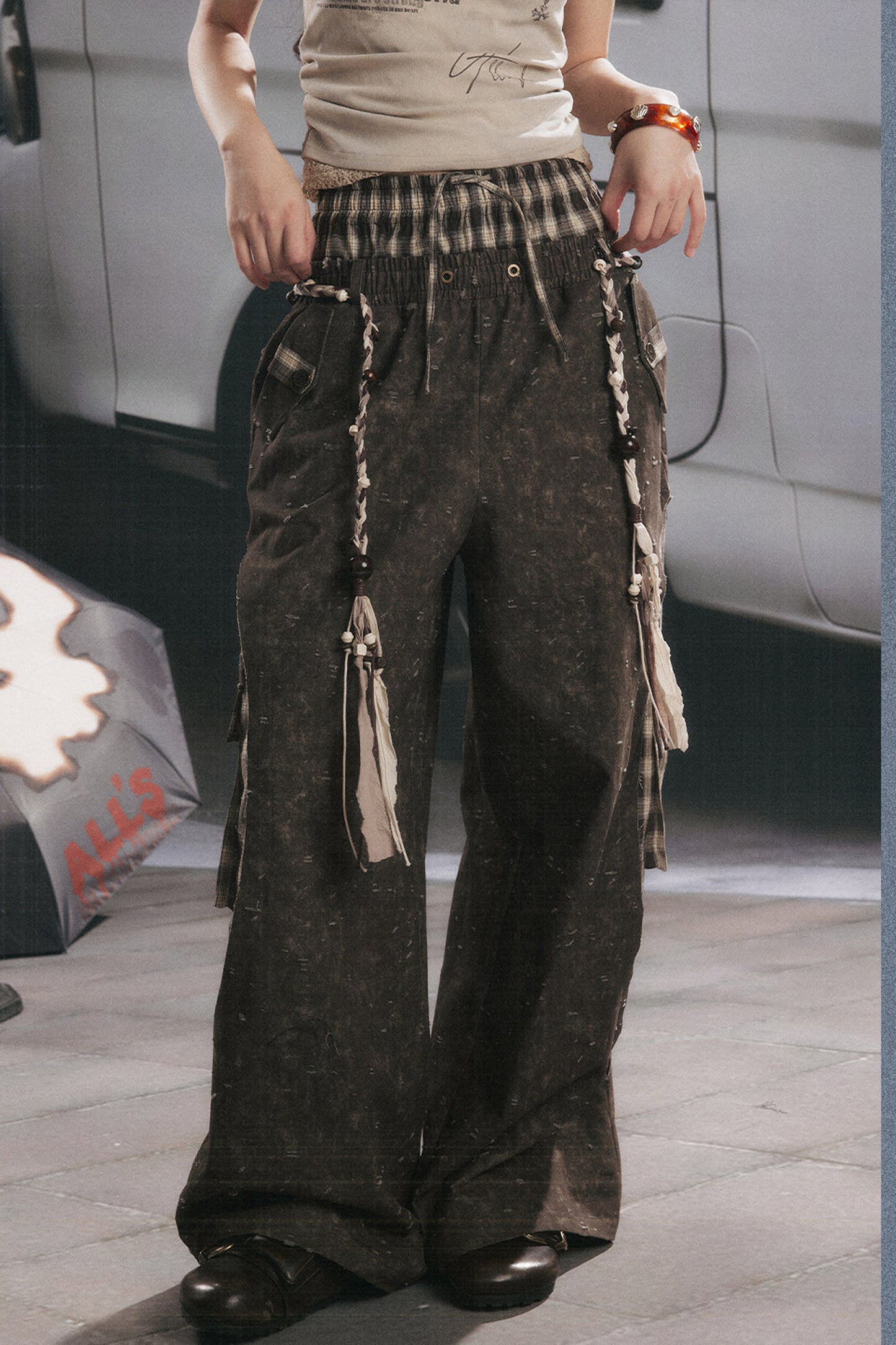 Pantalon large patchwork à carreaux