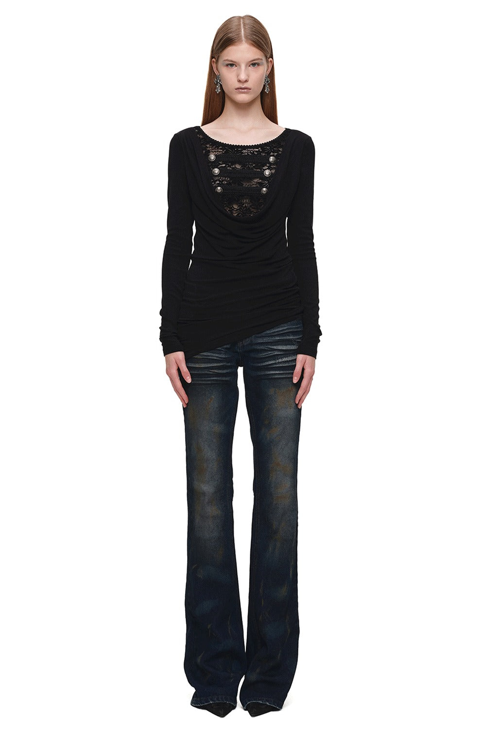 Long-Sleeved Lace Drape Neck Knit Dress