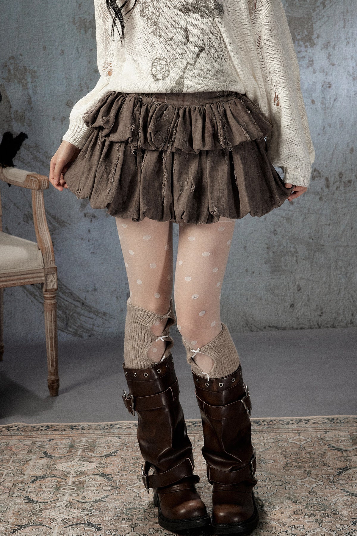 Brown Bud Waist Pleated Skirt