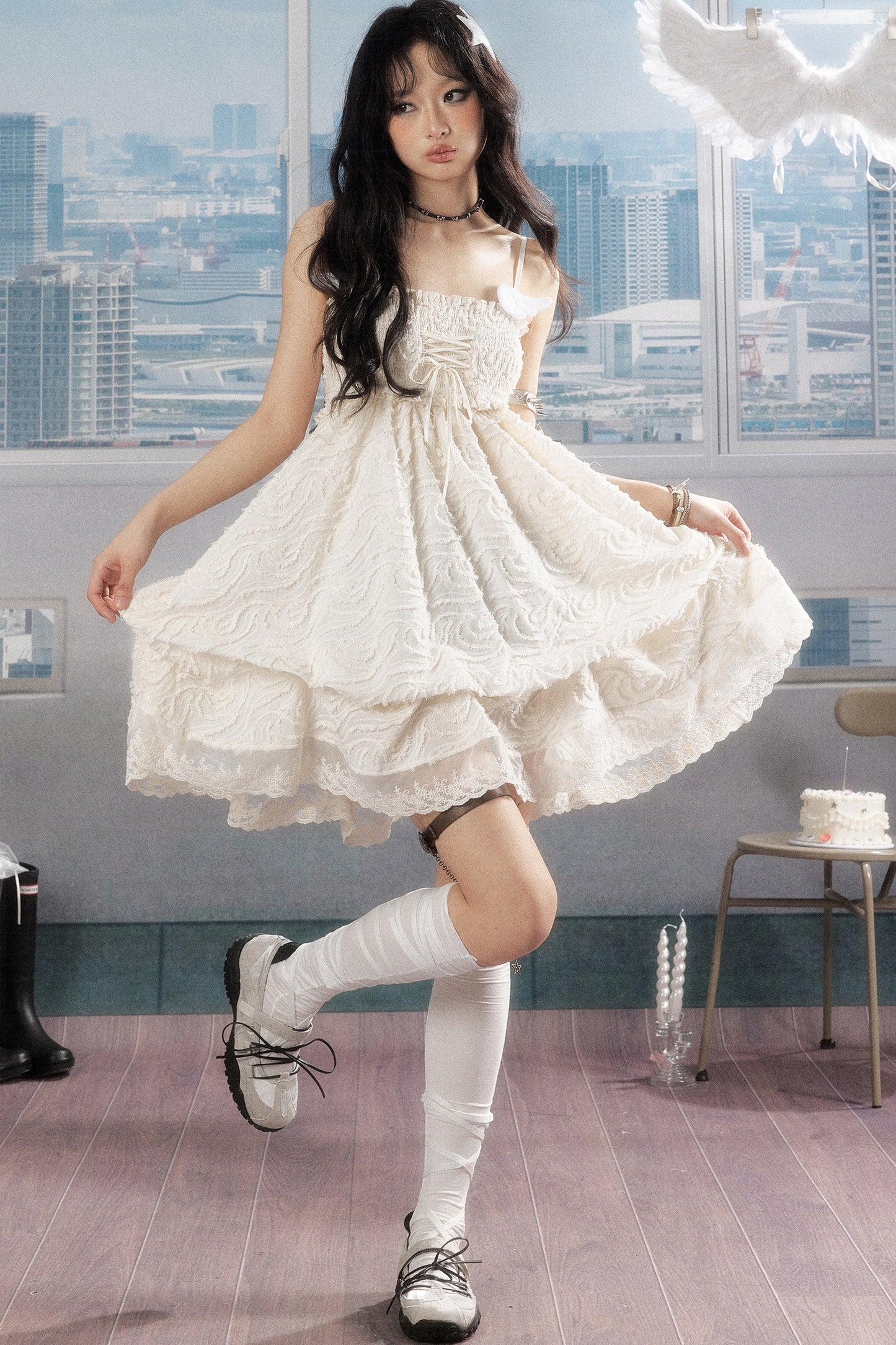 Pleated Lace Texture Camisole Dress