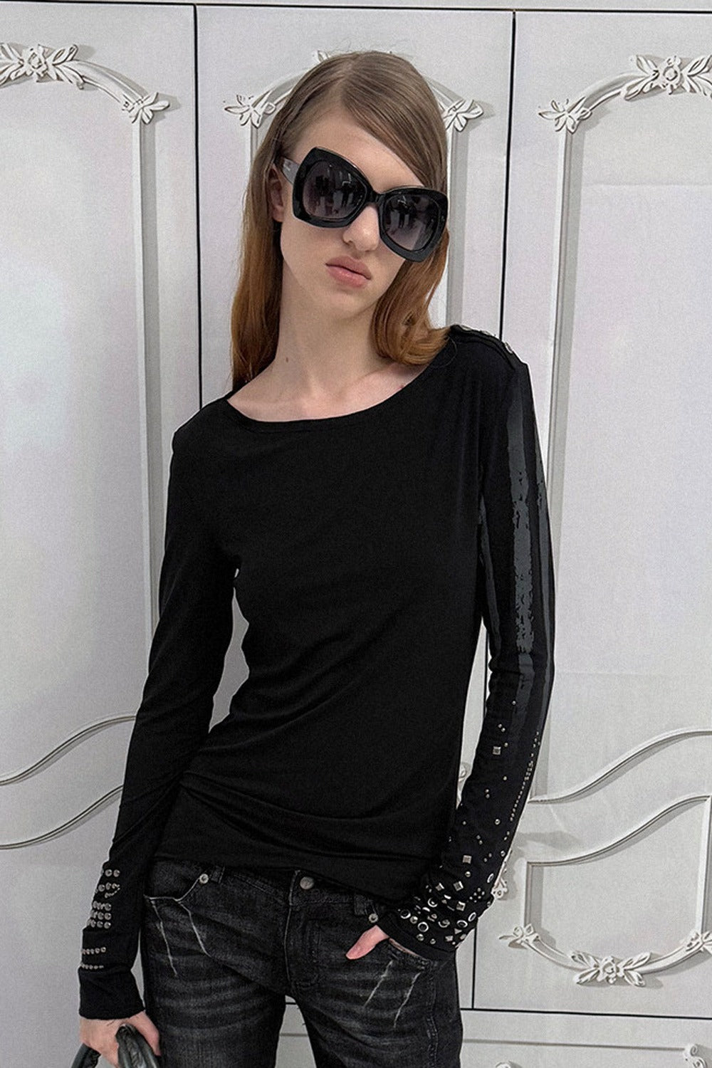 Light Punk Metal Rhinestone Distressed Long-Sleeve T-Shirt