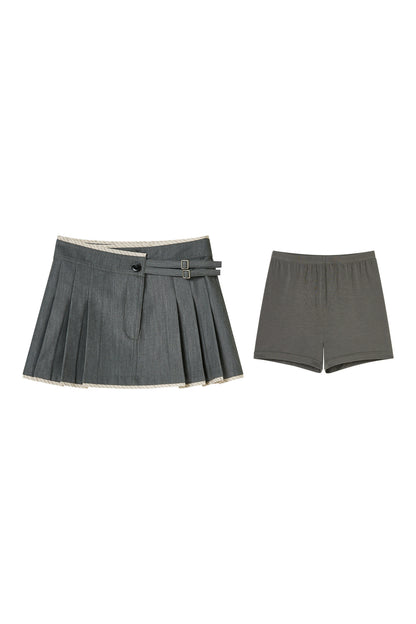 Gray Tie-Front Vest and Pleated Skirt Set-Up