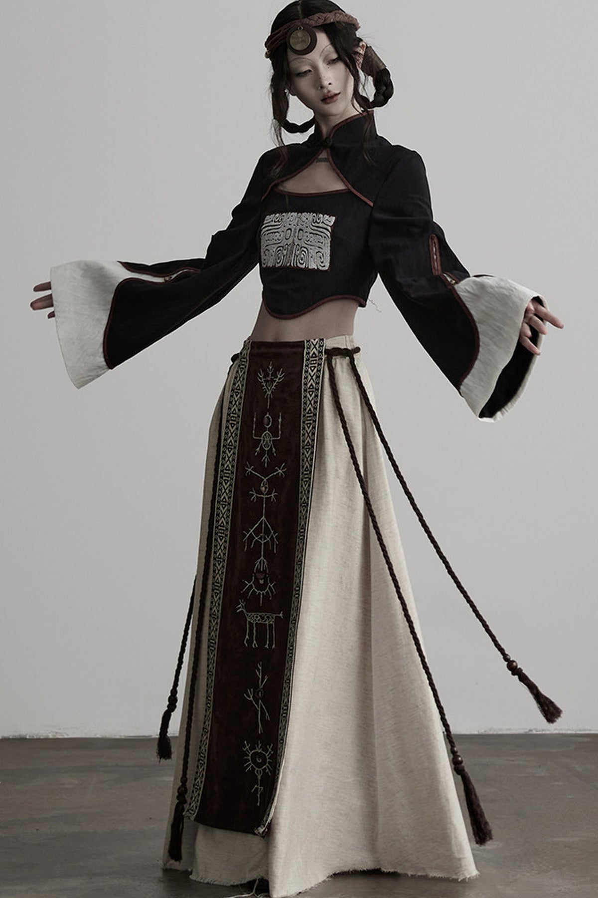 Embroidered Suede Panel Skirt