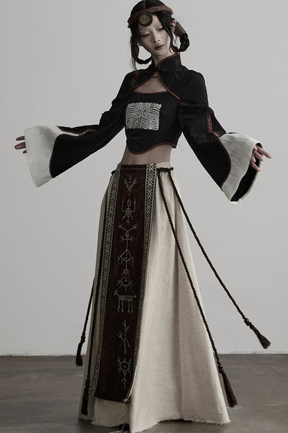 Embroidered Suede Panel Skirt