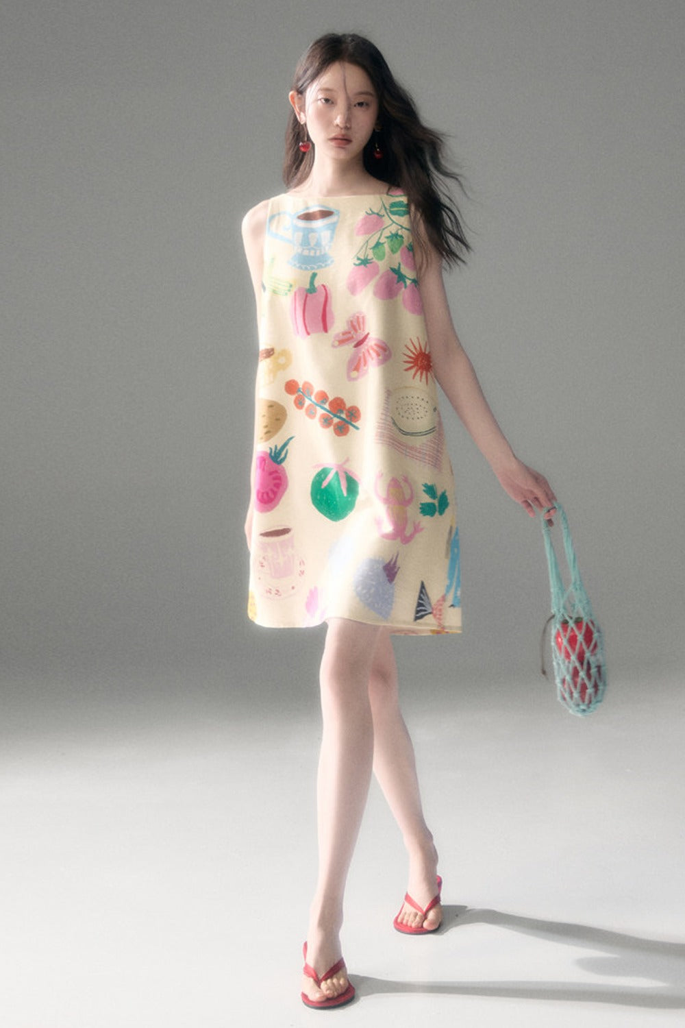 Hand-Painted Fruit Vegetable Print Sleeveless Vest Dress
