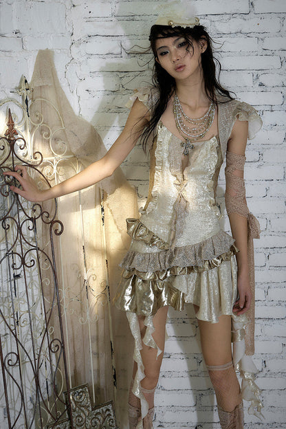 Baroque Gold Satin Ruffle Dress