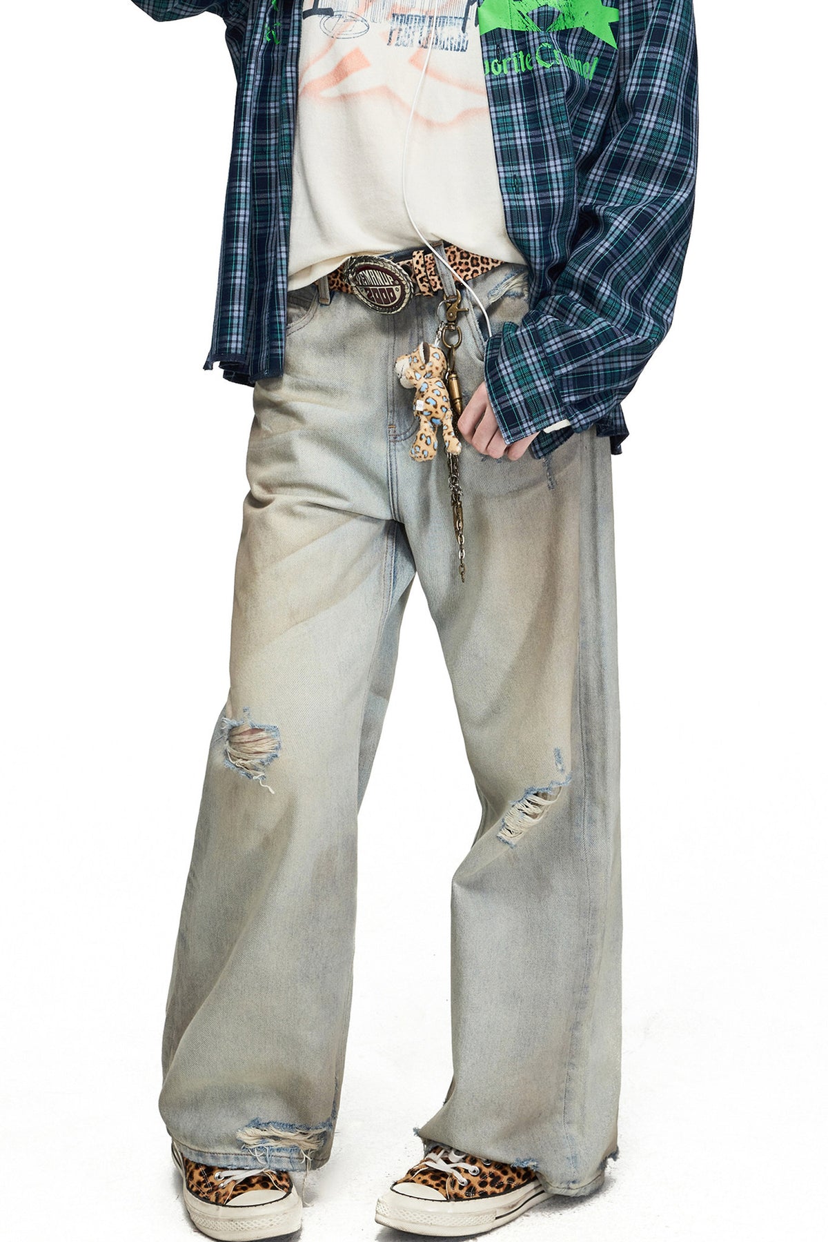 Distressed Straight-Leg Long Pants