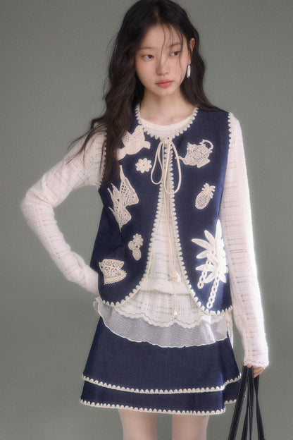 Plaid Lace Long Sleeve T-Shirt Skirt Set-Up